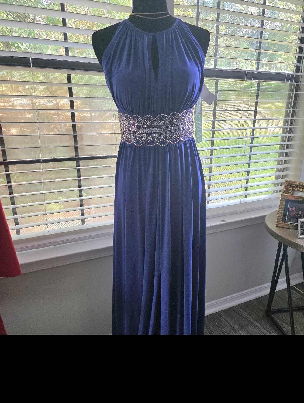 R & M Collection Elegant Royal Blue Halter Evening Gown with Beaded Waist NWT.